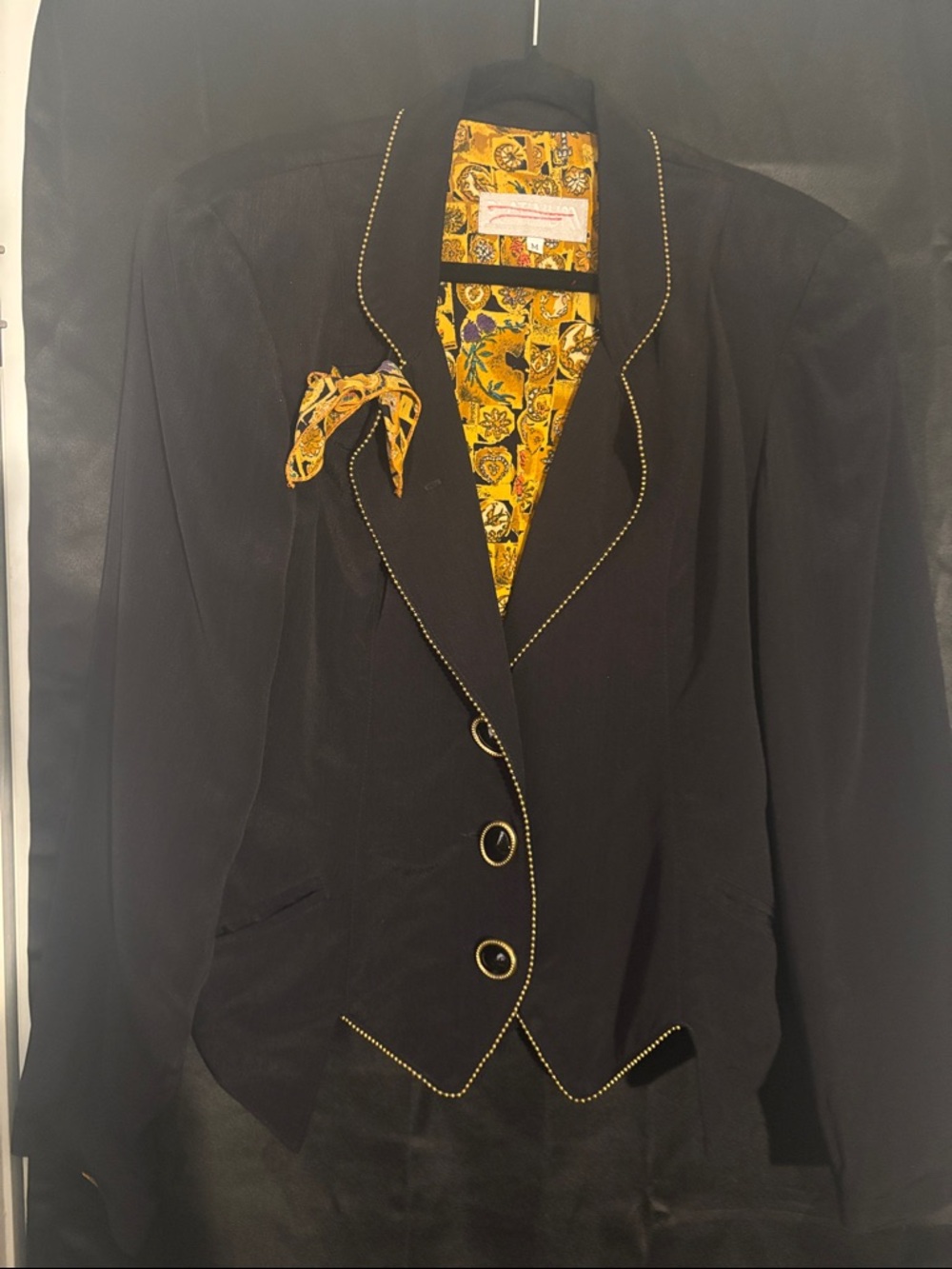 Vintage Platinum Black Blazer with Yellow Accent Lining and Trim